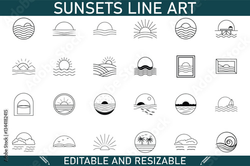 Editable Resizable Sunset Line Art Graphic Design Elements