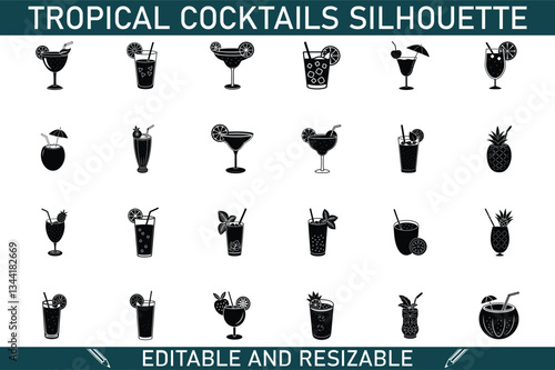 Tropical Cocktail Silhouettes Editable, Resizable Drink Icons Set