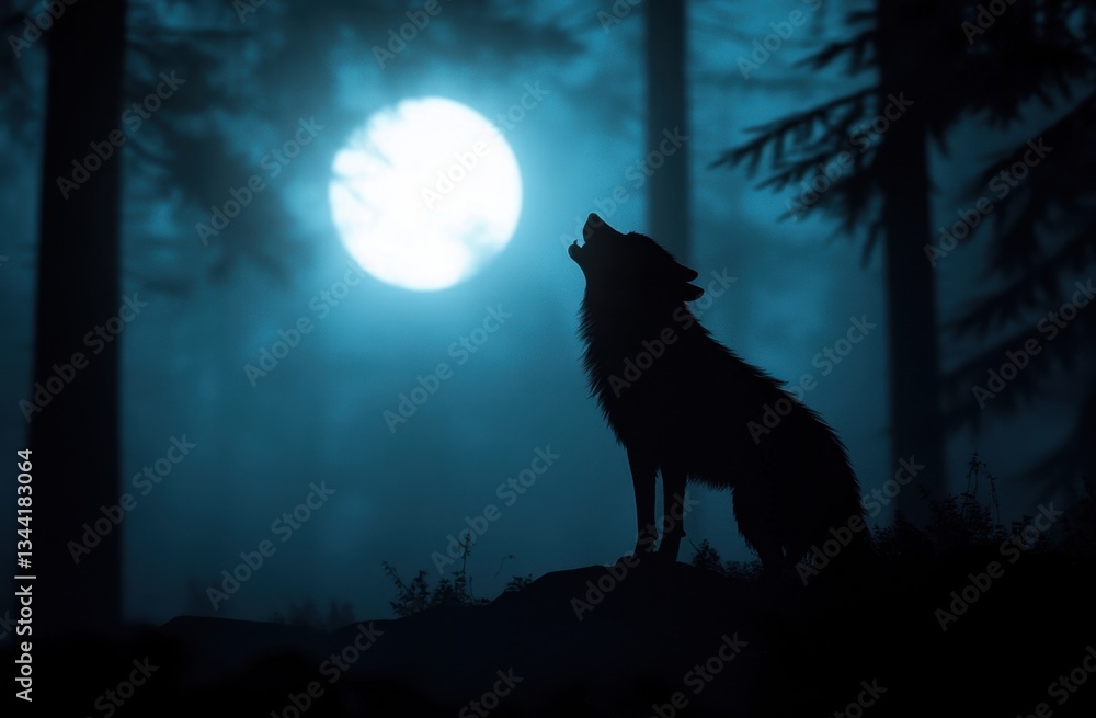 lone wolf howling at a full moon in a misty forest at night, creating a mystical atmosphere lone wolf howling at a full moon in a misty forest at night, creating a mystical atmosphere
