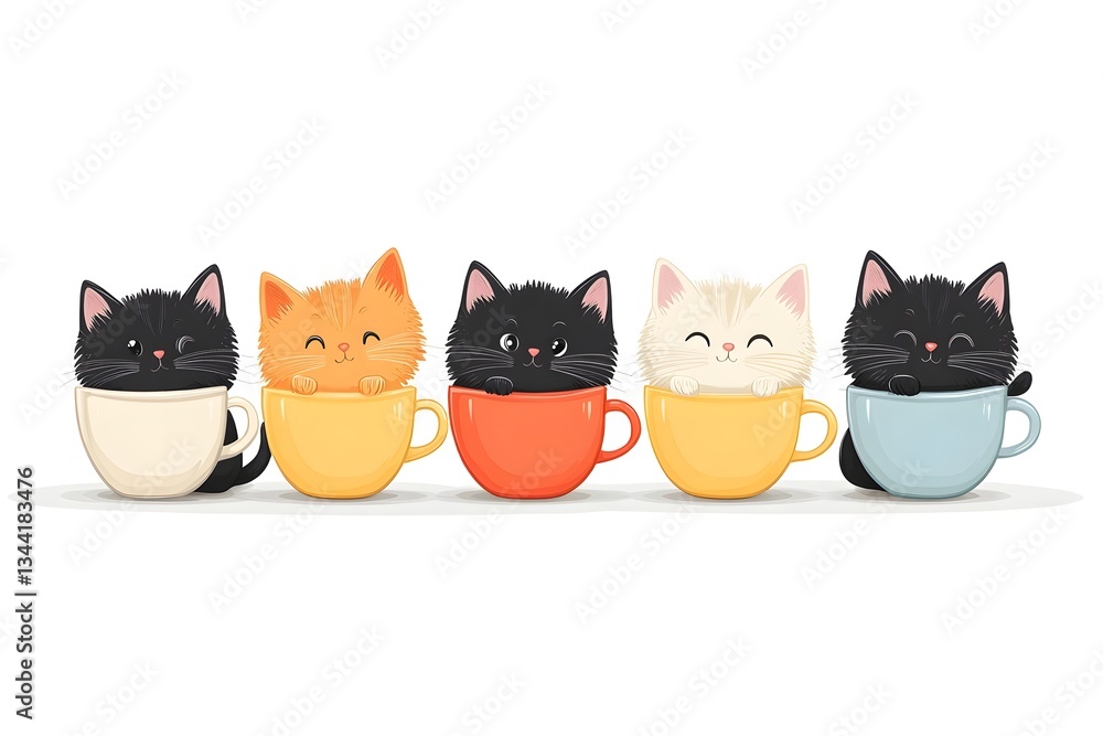 Fototapeta premium Cute Cats in Coffee Cups Greet Have a Nice Day