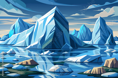 iceberg mountains with lakes and beautiful sky vector cartoon