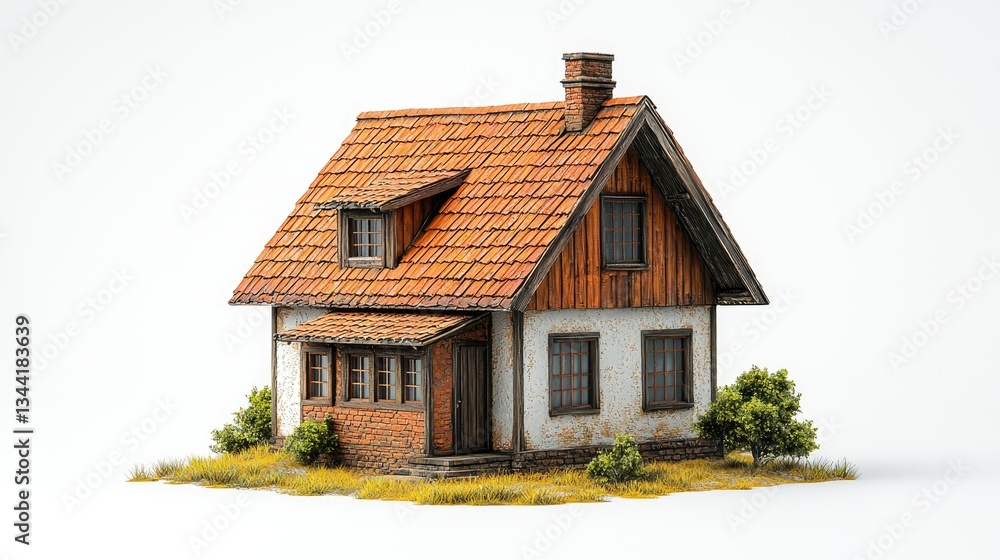 Detailed model of a rustic house with wooden accents and a tiled roof Detailed model of a rustic house with wooden accents and a tiled roof