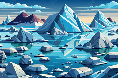 iceberg mountains with lakes and beautiful sky vector cartoon