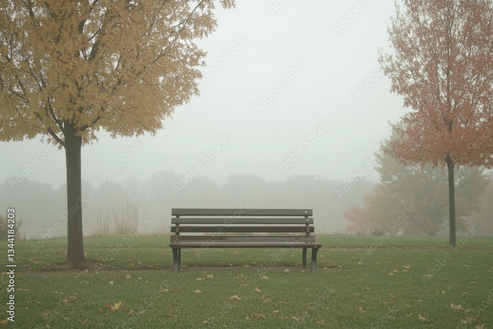 Park bench in autumn under soft overcast lighting Park bench in autumn under soft overcast lighting