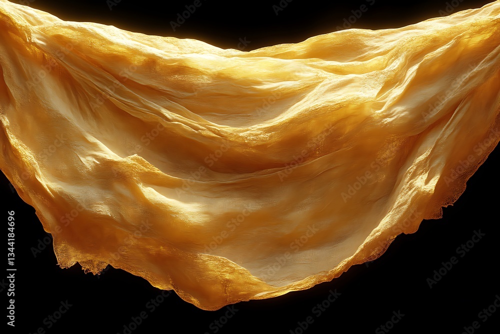Fototapeta premium Golden Fabric Flowing Gracefully Against Black Background Showing Texture and Light