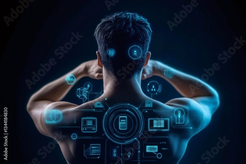 Man showing futuristic interface projected on his back