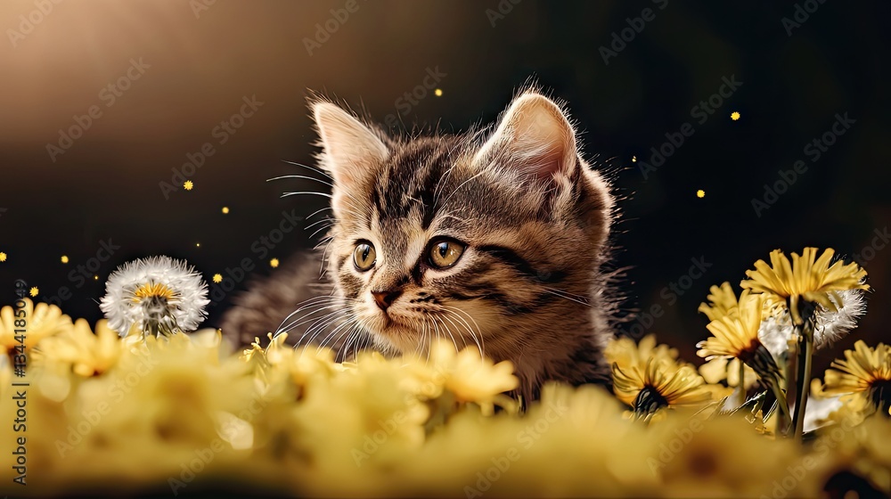 Obraz premium A playful kitten surrounded by vibrant yellow flowers, capturing the essence of innocence and joy in a serene outdoor setting with soft lighting.