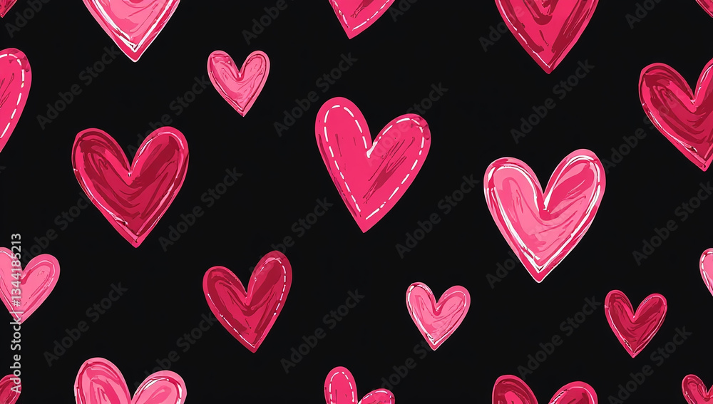 Obraz premium seamless pattern hand drawn pink hearts black background romantic trendy print valentine day holiday
