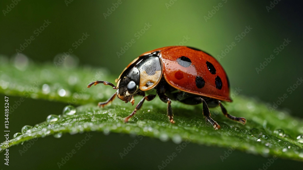Fototapeta premium Ladybug on a Green Leaf with Dew Drops – Macro Photography