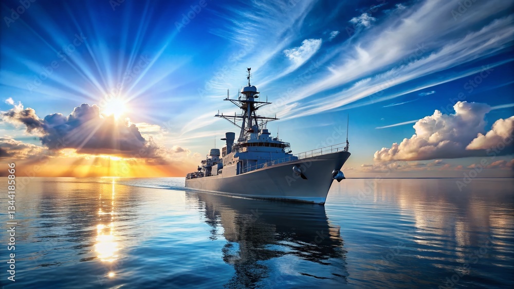 Fototapeta premium Mighty Missile Cruiser Patrols Azure Seas - Stock Photo