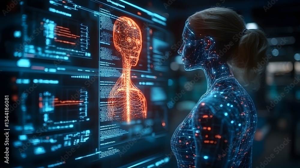 Fototapeta premium Medical innovation futuristic digital healthcare holographic doctor AI-enhanced patient care illustration