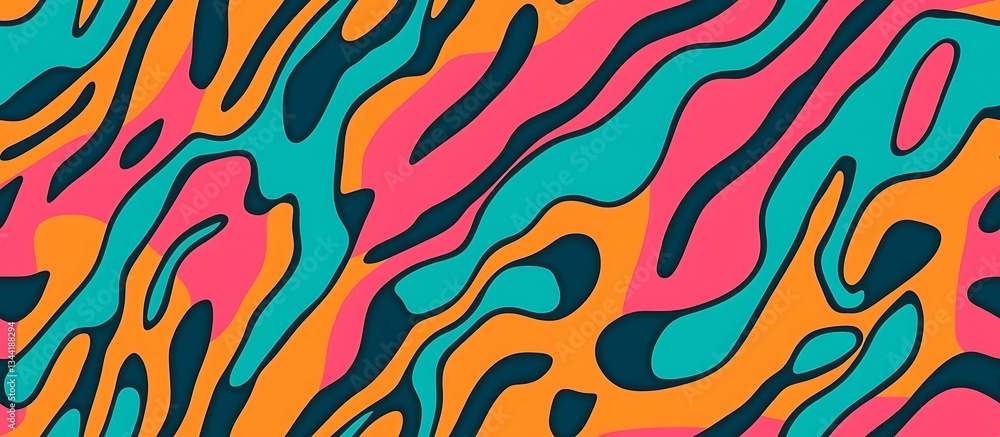 Abstract colorful jungle leaves seamless pattern with bold lines in pink, orange, and teal colors Abstract colorful jungle leaves seamless pattern with bold lines in pink, orange, and teal colors