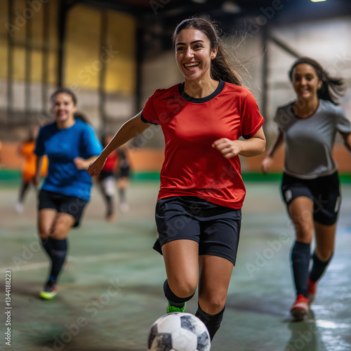 Indoor Futsal Game Womens Soccer Action, FastPaced Competition