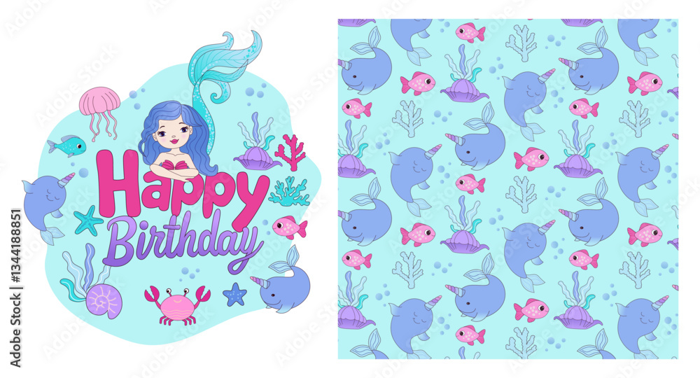 Children s cute background. Mermaids, jellyfish, fish and shells and various seaweed and corals, bubbles. Seamless pattern, perfect for fabric, bedding, wrapping paper and t-shirt design. Vector illus Children s cute background. Mermaids, jellyfish, fish and shells and various seaweed and corals, bubbles. Seamless pattern, perfect for fabric, bedding, wrapping paper and t-shirt design. Vector illus