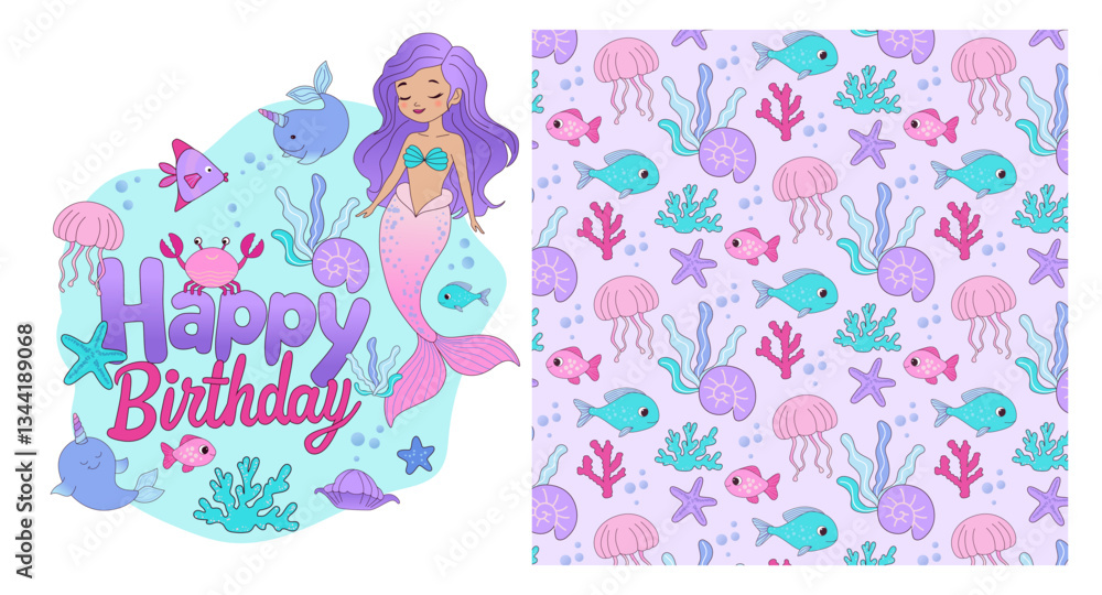 Vector cartoon illustration of underwater life. Mermaids, jellyfish, fish and shells and various seaweed and corals, bubbles. Seamless pattern, perfect for fabric, bedding, wrapping paper and t-shirt Vector cartoon illustration of underwater life. Mermaids, jellyfish, fish and shells and various seaweed and corals, bubbles. Seamless pattern, perfect for fabric, bedding, wrapping paper and t-shirt