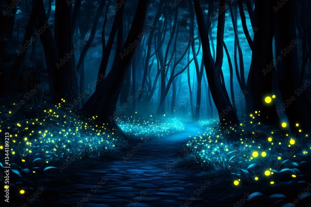 Fototapeta premium Cobblestone path winding through enchanted forest with glowing fireflies at night