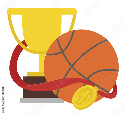 School. Kids school vector flat illustration sports prize, medal and basketball.