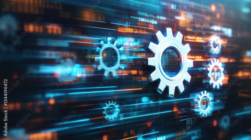 Abstract digital illustration of metallic gears in motion with streaming binary code backdrop symbolizing advanced technology and complex systems interactions Abstract digital illustration of metallic gears in motion with streaming binary code backdrop symbolizing advanced technology and complex systems interactions