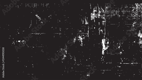 Vector Black and White Cyberpunk Screen Error with Pixelated Data Artifacts, Digital Interference, and Broken Signal Patterns