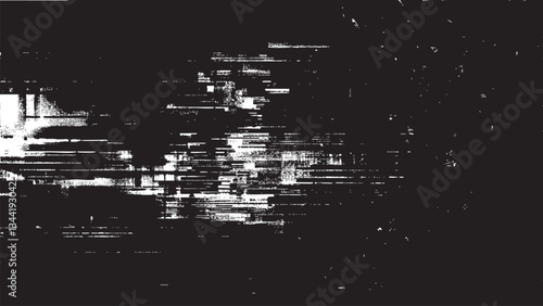 Vector Black and White Cyberpunk Screen Error with Pixelated Data Artifacts, Digital Interference, and Broken Signal Patterns