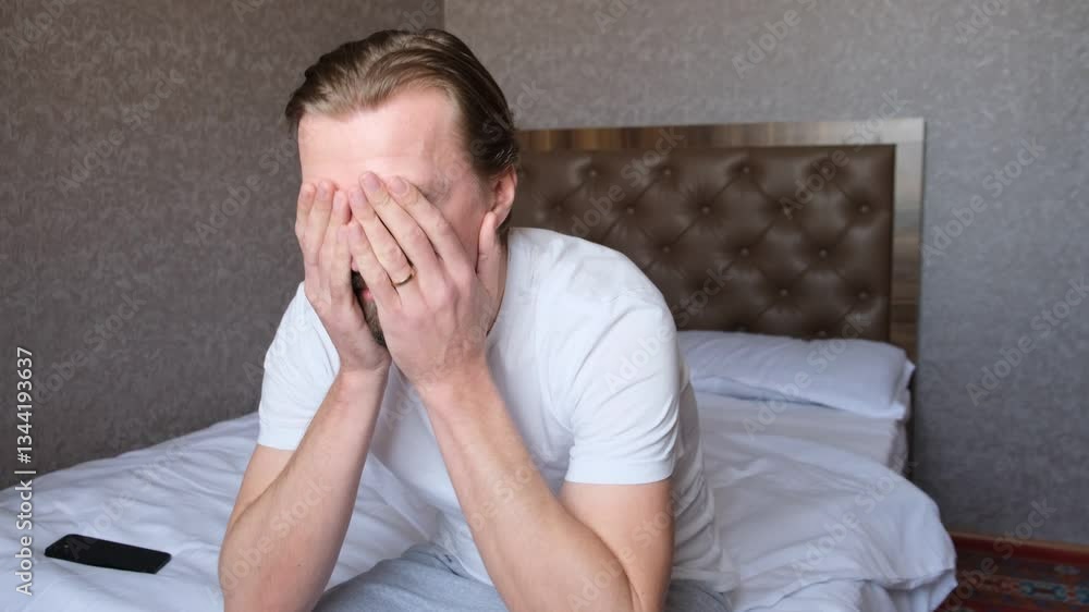 Portrait of a young handsome man sitting on the edge of the bed and upset by bad news. A person experiencing stress or shock holding his head with his hands. Negative information. The guy has problems Portrait of a young handsome man sitting on the edge of the bed and upset by bad news. A person experiencing stress or shock holding his head with his hands. Negative information. The guy has problems