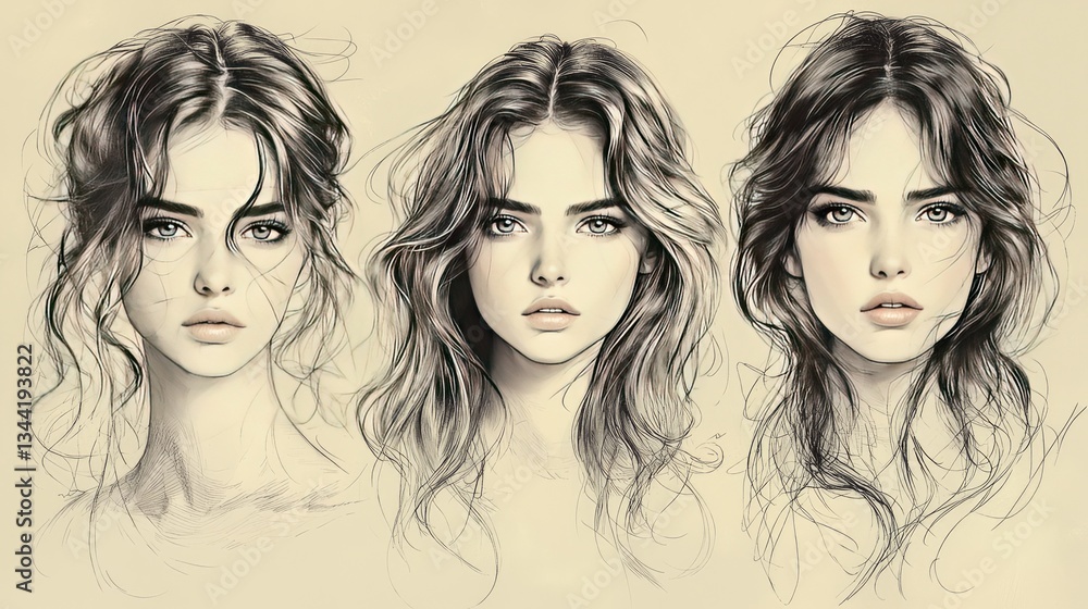 Artistic sketch of three female portraits showcasing diverse expressions and hairstyles Artistic sketch of three female portraits showcasing diverse expressions and hairstyles