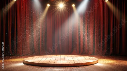 Wooden curtain podium stage bathed in bright spotlights, red empty backdrop, glittering particles dancing, evoking theatrical enchantment video 4k