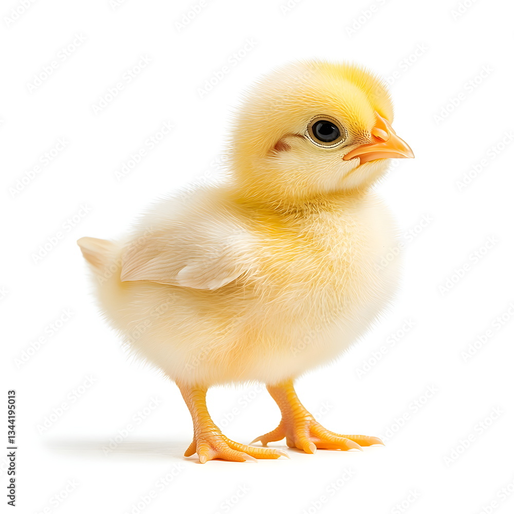 Fototapeta premium A fluffy yellow chick standing in a side view, isolated on a white background. Realistic portrait with bright, curious eyes, tiny wings, and a short beak. High-resolution, soft shadows, cinematic