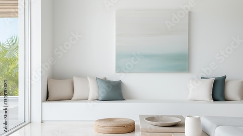 Wallpaper Mural Modern living room with a large window on the left side. the window has a sliding glass door that leads to a balcony with palm trees visible outside. Torontodigital.ca