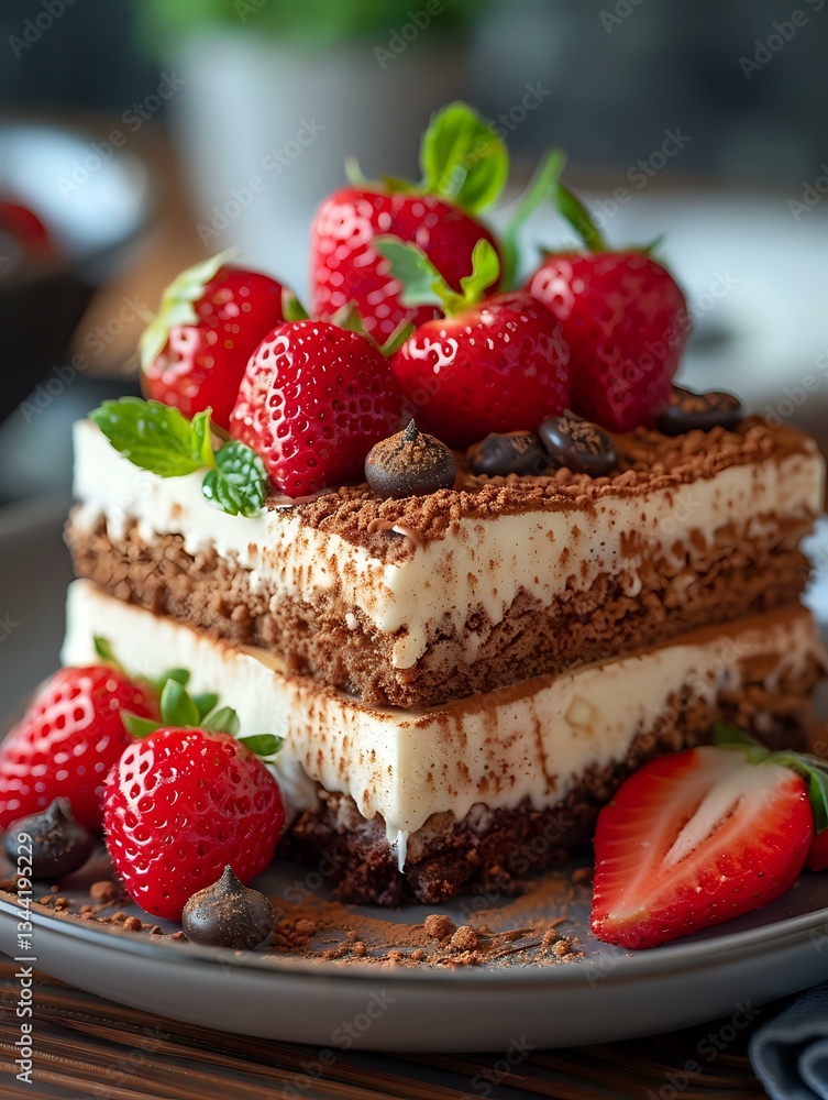 Layered chocolate cream dessert with fresh strawberries on top, cocoa powder dusting, and chocolate chips on gray plate. Close up view of sweet treat. Layered chocolate cream dessert with fresh strawberries on top, cocoa powder dusting, and chocolate chips on gray plate. Close up view of sweet treat.