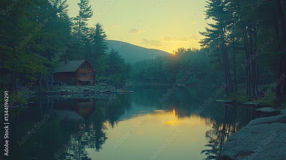 Obraz premium Misty Sunset Cabin by a Serene Lake