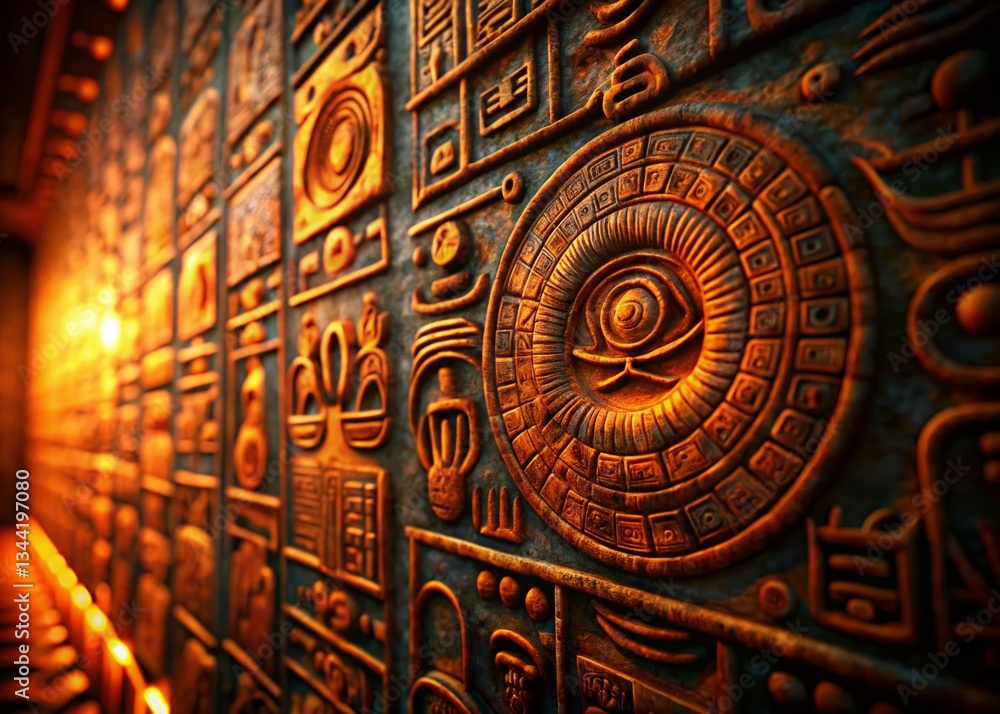 Obraz premium Minimalist 3D Animation Loop: Ancient Mayan Glyphs Rotating on Dark Background