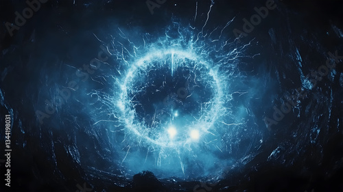Mysterious glowing energy portal with electric blue lightning in a dark cavern