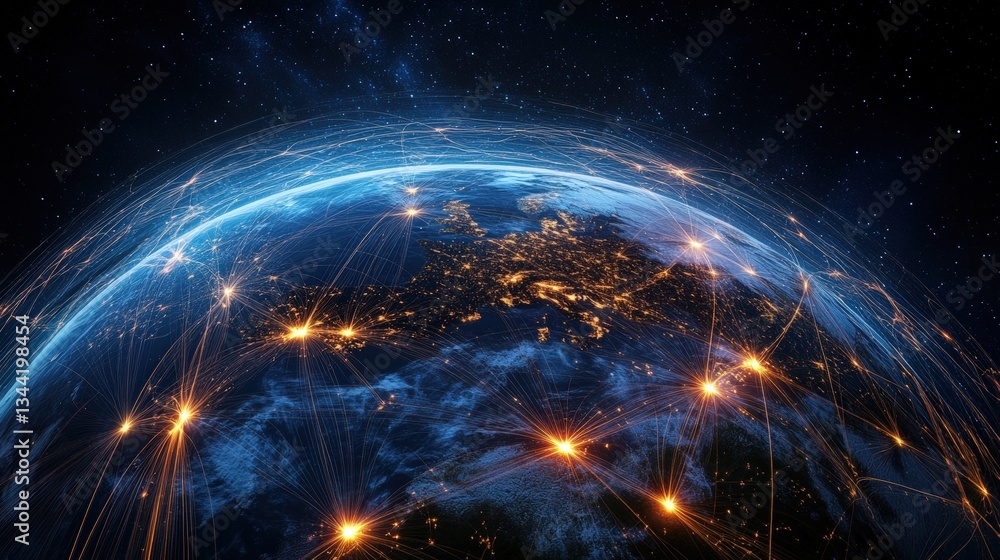 Fototapeta premium A stylized image of Earth at night showcasing illuminated cities interconnected by glowing lines representing global communication and networks of stars.