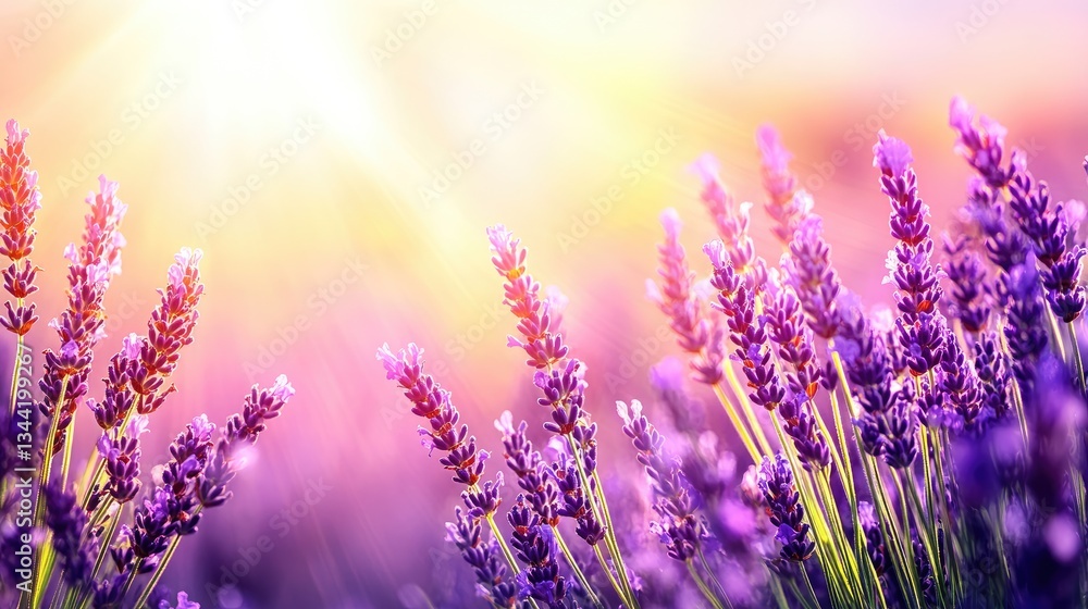 Lavender blooms soak sunlight in field during vibrant sunset creating an idyllic, peaceful landscape Lavender blooms soak sunlight in field during vibrant sunset creating an idyllic, peaceful landscape