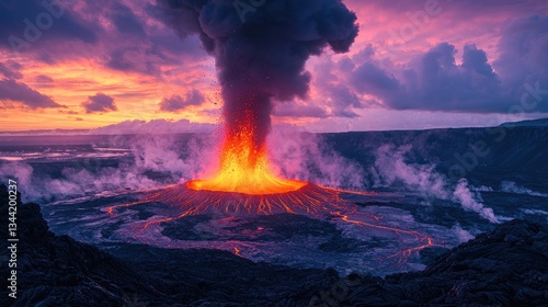 Erupting Volcano at Sunset with Lava Flowing and Dramatic Sky Over Landscape