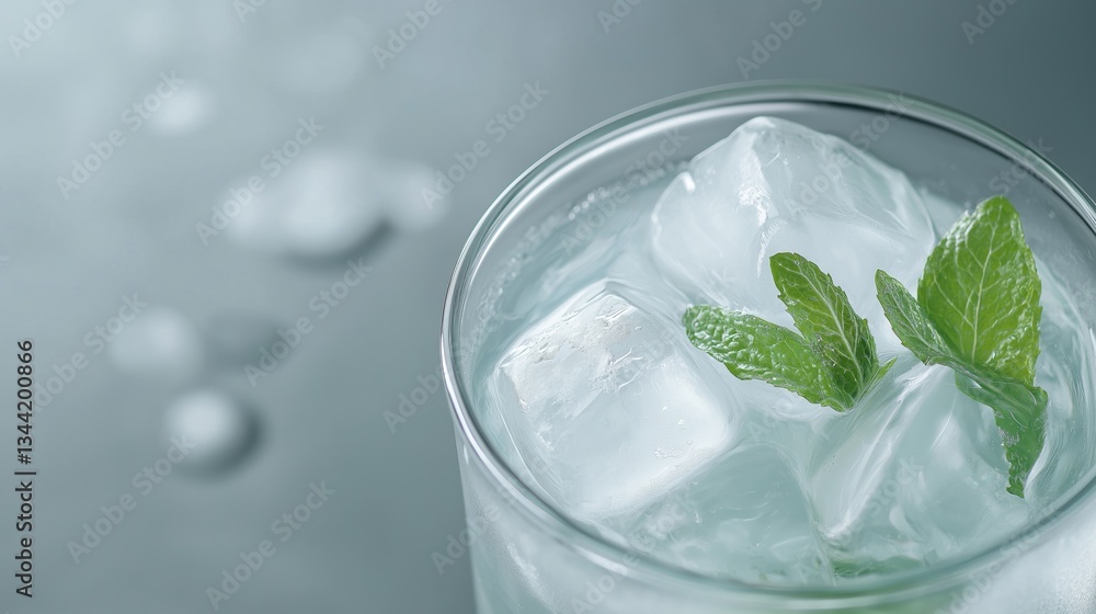 Close-up of a glass of water with ice cubes and fresh mint leaves. the glass is transparent and the ice cubes are white. the mint leaves are a vibrant green color and are scattered on top of the ice. Close-up of a glass of water with ice cubes and fresh mint leaves. the glass is transparent and the ice cubes are white. the mint leaves are a vibrant green color and are scattered on top of the ice.