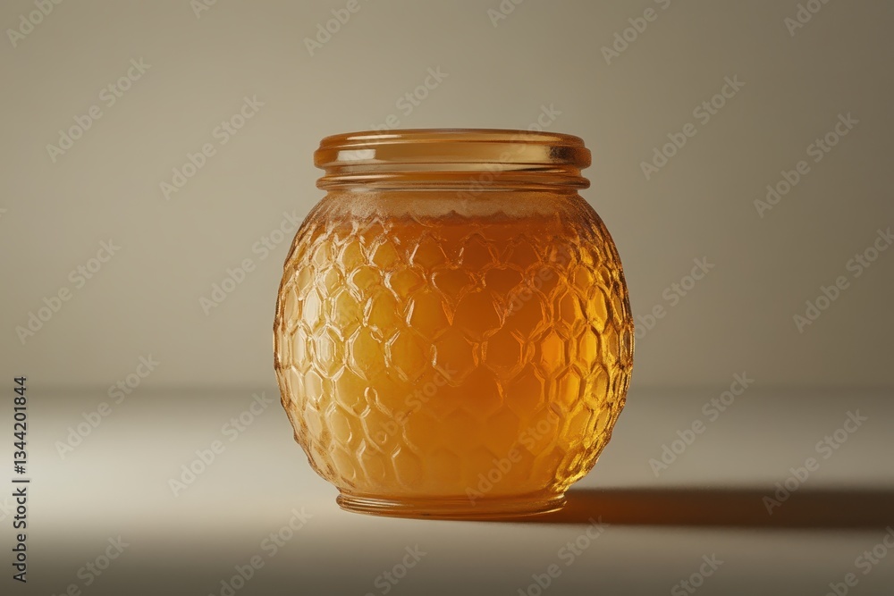 A glass jar filled with golden honey is displayed prominently A glass jar filled with golden honey is displayed prominently