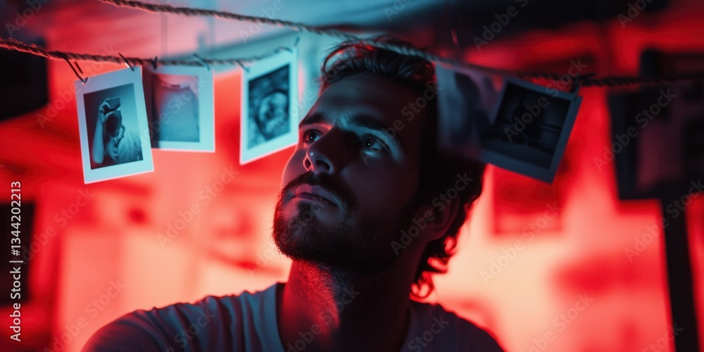 Silhouette of a photographer developing photos in a dark room. Man hanging printed photos in red lighted room. Old style photography. Silhouette of a photographer developing photos in a dark room. Man hanging printed photos in red lighted room. Old style photography.