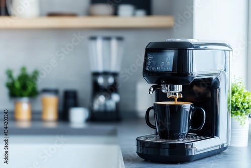 Smart coffee maker in modern kitchen with natural light and copy space