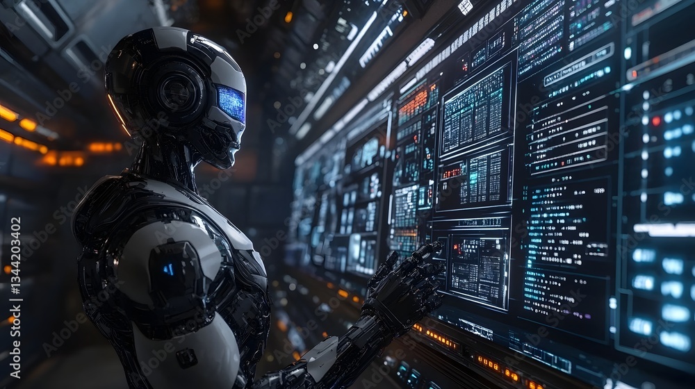 Advanced Robot Controlling Futuristic Digital Interface with Holographic Data Streams Advanced Robot Controlling Futuristic Digital Interface with Holographic Data Streams