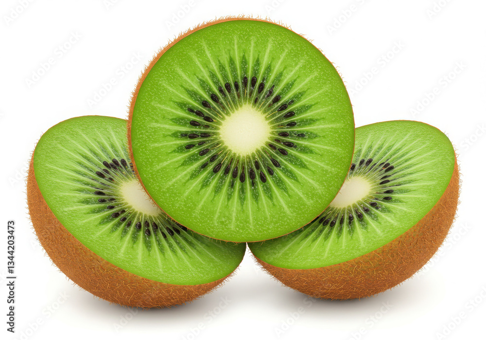 Fototapeta premium A stack of three kiwi fruit halves with green flesh and black seeds on a white background