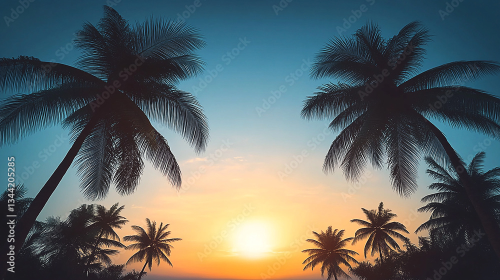 Fototapeta premium Silhouetted palm trees against a vibrant sunset sky, evoking tranquility and nature's beauty