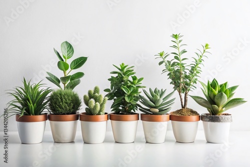 Wallpaper Mural Minimalist Flat Lay: Assorted Potted Plants on White Background - High-Resolution Double Exposure Stock Photo Torontodigital.ca