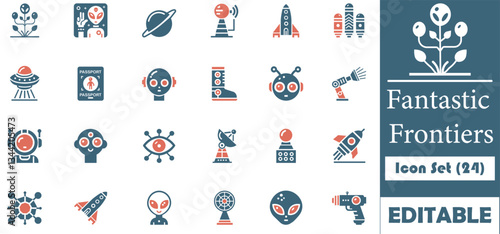 Explore a space, alien, and futuristic technology-themed icon set, featuring rockets, UFOs, robots, and more. Perfect for digital projects, websites, and mobile apps.