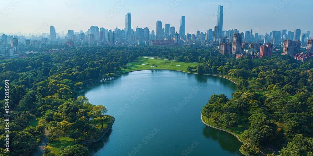 Fototapeta premium Urban park with lake and skyline at sunrise in a bustling city