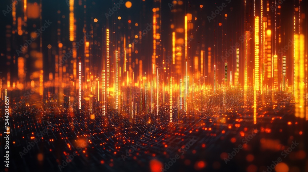 Obraz premium Abstract digital city at night with orange glowing skyscrapers
