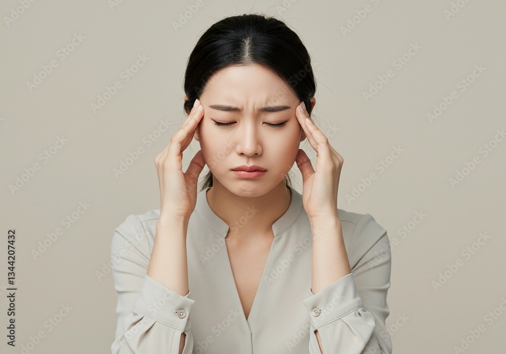 Asiatic Woman with Headache, Holding Temples in Pain Asiatic Woman with Headache, Holding Temples in Pain