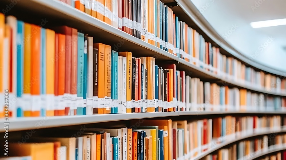 Fototapeta premium A curved library shelf filled with many colorful books tightly packed