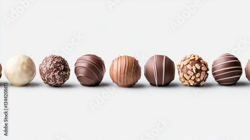 Row of assorted chocolate truffles in various coatings and textures on a white background.